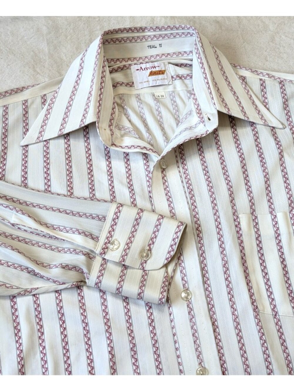 Arrow Knits Vintage 60s Men's Arnel Daggar Collar Red Stripe Disco Shirt USA LG